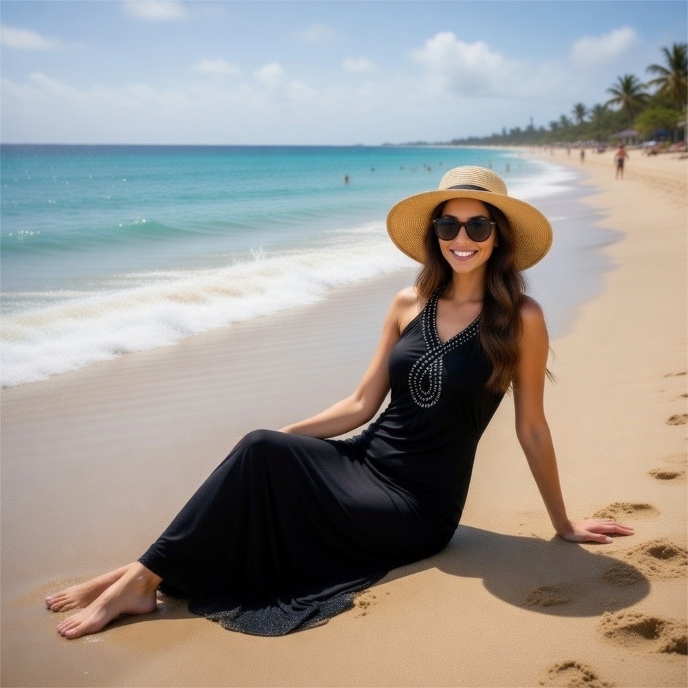 Artisan Black Beaded Halter‎ Neck Maxi Dress XL Viscose Stretch Resortwear